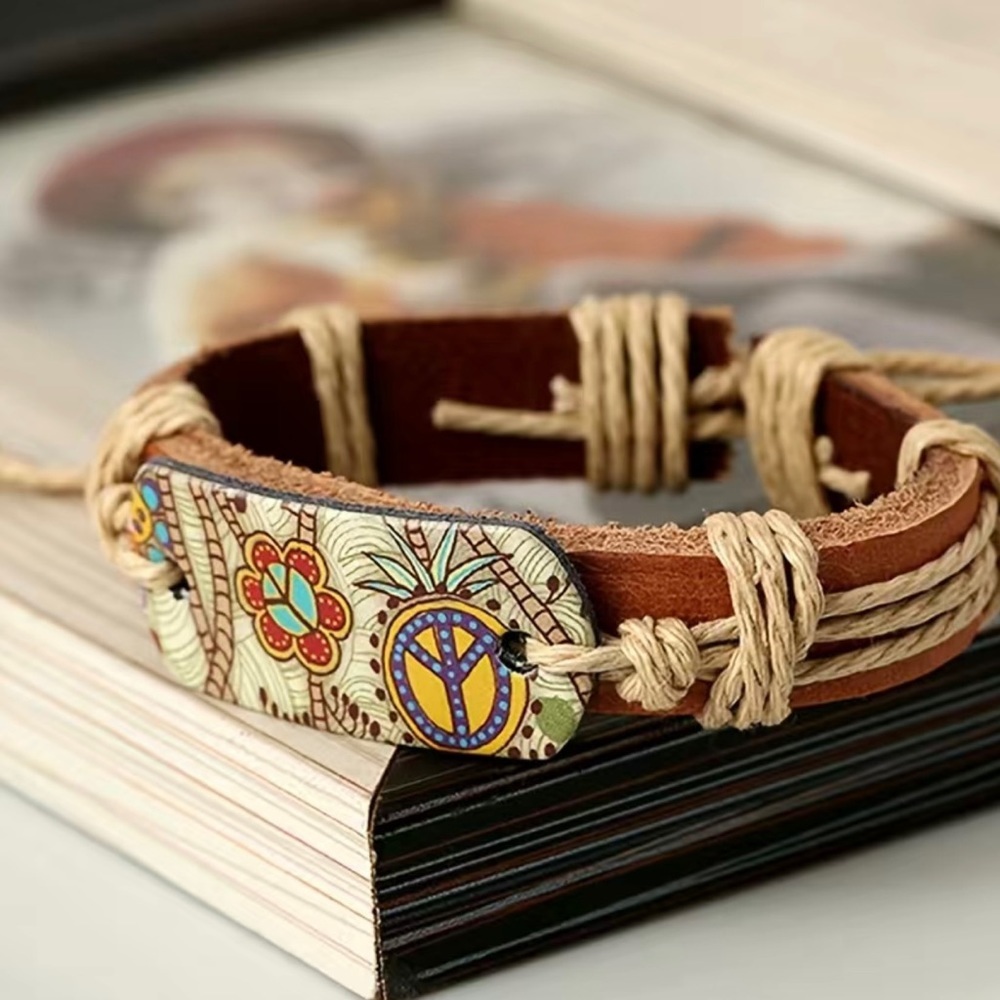 1pc Hemp‎ Rope Braided Cowhide Faux Leather Bracelet